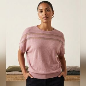 NWOT Sioni Dusty Rose Mesh Stripe Short Sleeve Knit Sweater - Size M